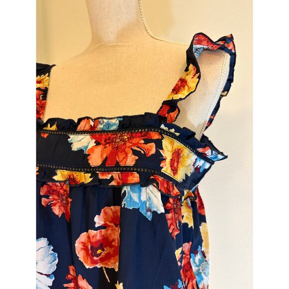 BOG COLLECTIVE Top Blue Pink Floral Tank Boho Fall | MEDIUM - Picture 3 of 7